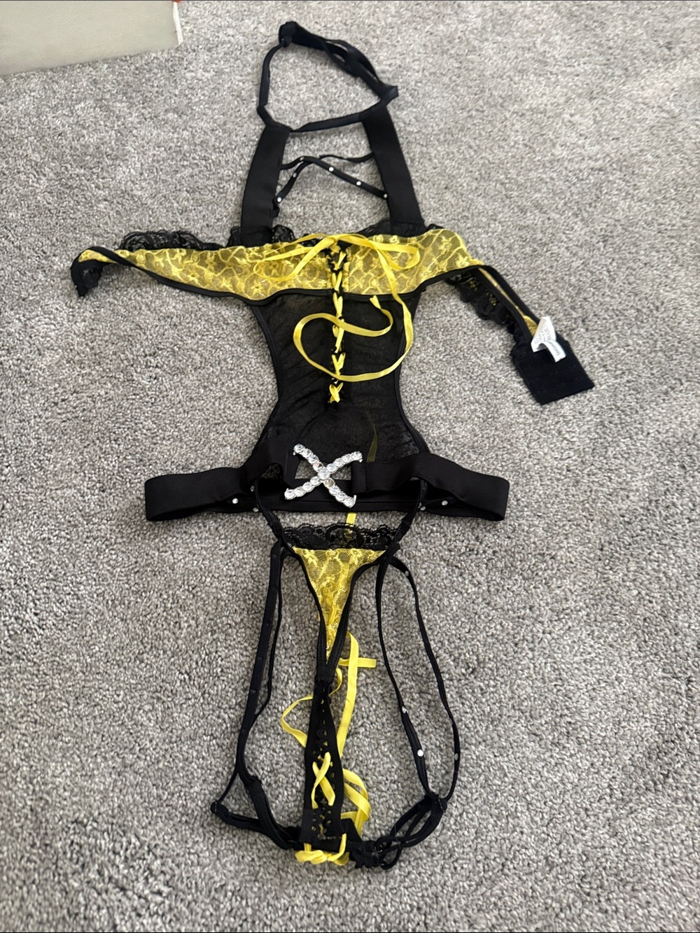 Yellow & Black Lace Strappy Chemise Bodysuit